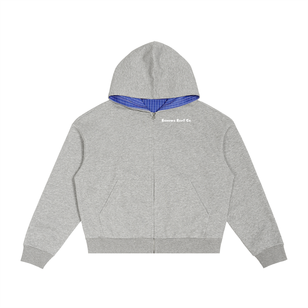 Contrast Plaid Boxy Zip Hoodie